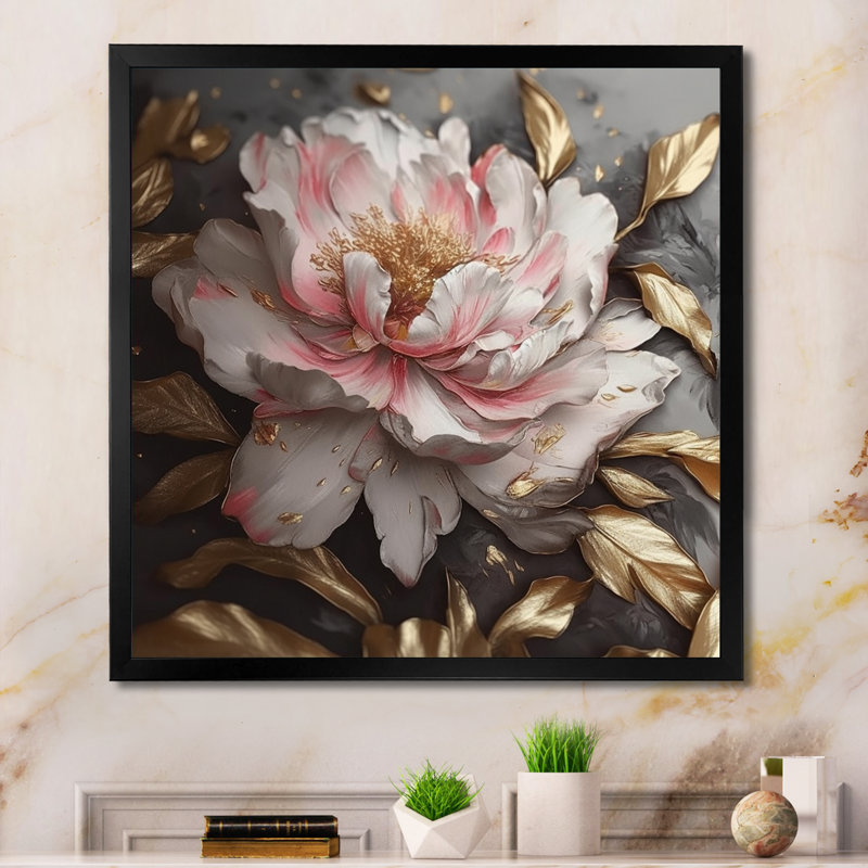 Décoration murale pivoines roses et grises en fleurs IV - pivoines florales, Cadre photo noir, H 16 po x l 16 po