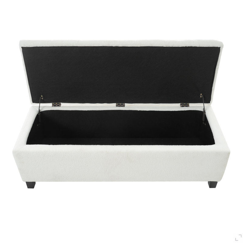 Ottoman Bench With Storage, White Boucle Surface, Rubber Wood Legs, 300 Lbs Capacity