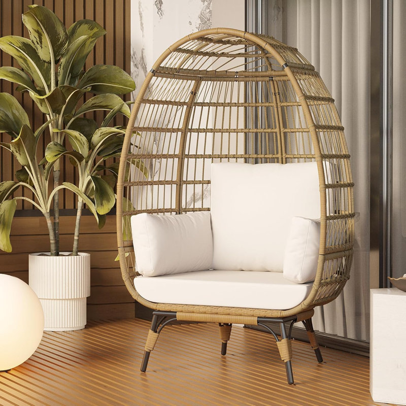 Wicker Egg Chair Outdoor Indoor Oversized Rattan Egg Basket Lounge Chair with Cushions, Steel Frame and Metal Base, for Backyard Living Room