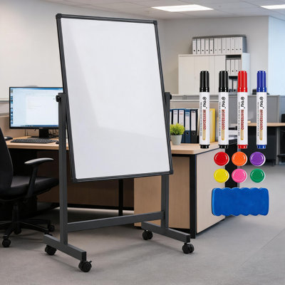 Tableau blanc roulant double face, 71 x 102 cm, tableau effaçable à sec réversible et réglable en hauteur avec support mobile, tableau blanc pivotant autoportant pour le bureau, la salle de classe et les réunions à domicile, cadre noir et blanc
