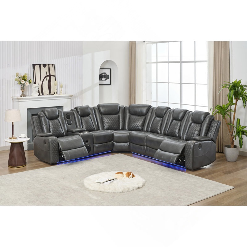 Power Reclining Sectional Sofa W/Speaker / LED Strip Gray Color, Gray