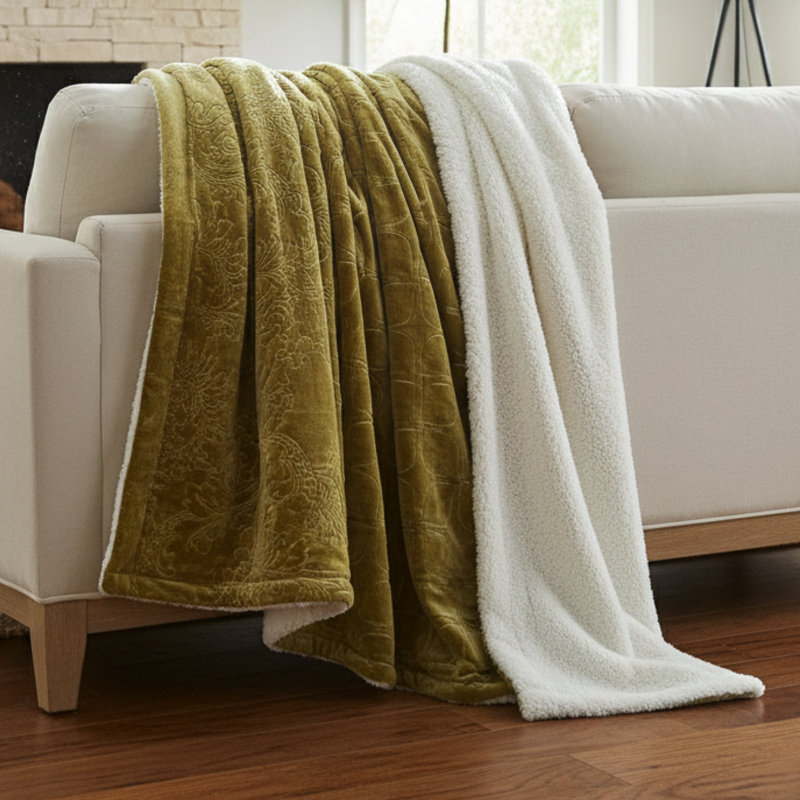  Jeté en sherpa embossé en flanelle, L 63 po x l 87 po, Vert olive