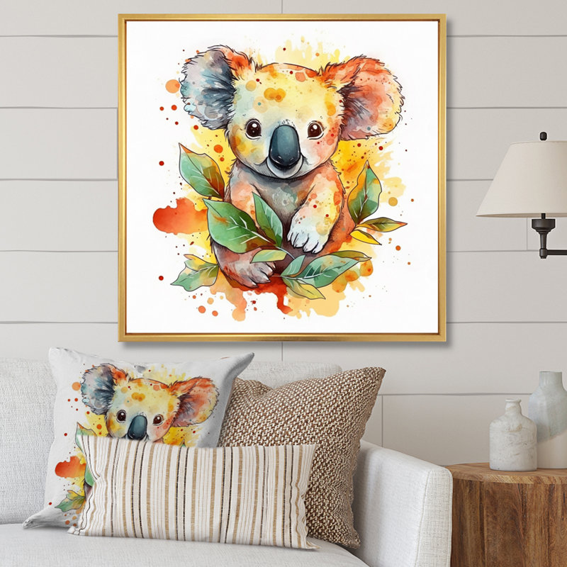 Adorable bébé koala sur toile, Cadre flottant doré, 16" H x 16" W