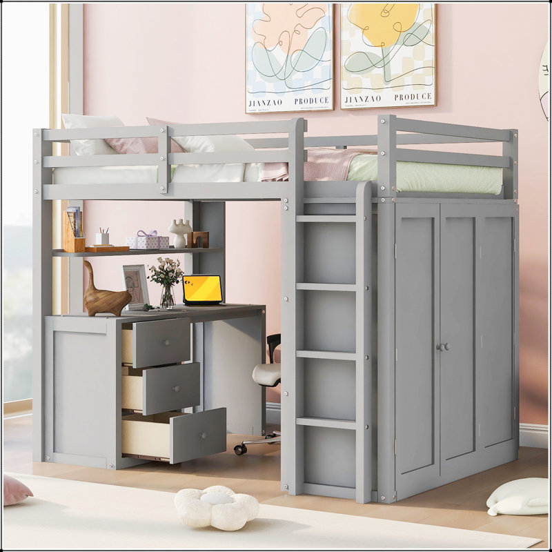 Lit mezzanine double avec tiroirs, bureau et garde-robe pour un espace peu encombrant et multifonctionnel, Gris