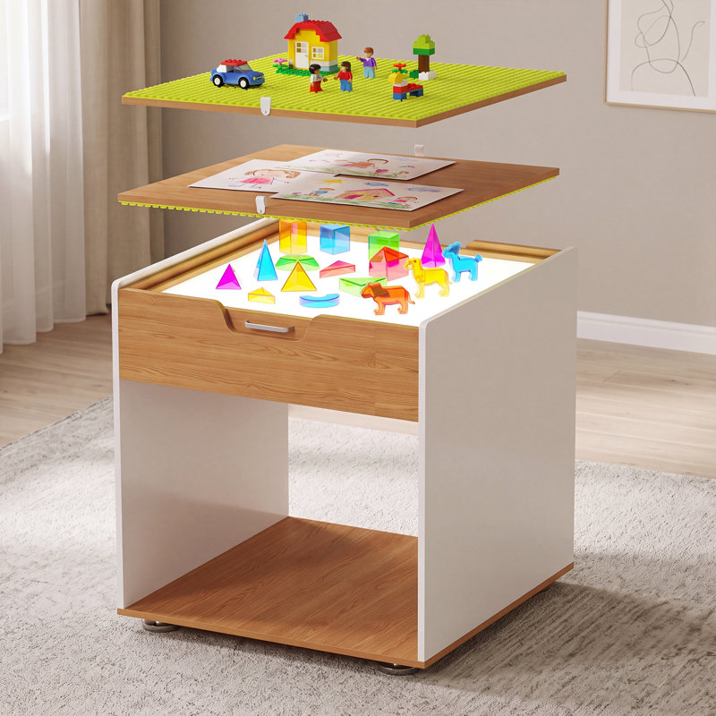 Table lumineuse Montessori pour enfants avec DEL 3 couleurs, tableau de construction, rangement pour jouets, table d'activités sensorielles à 2 hauteurs pour la maternelle, la garderie et la salle de jeux