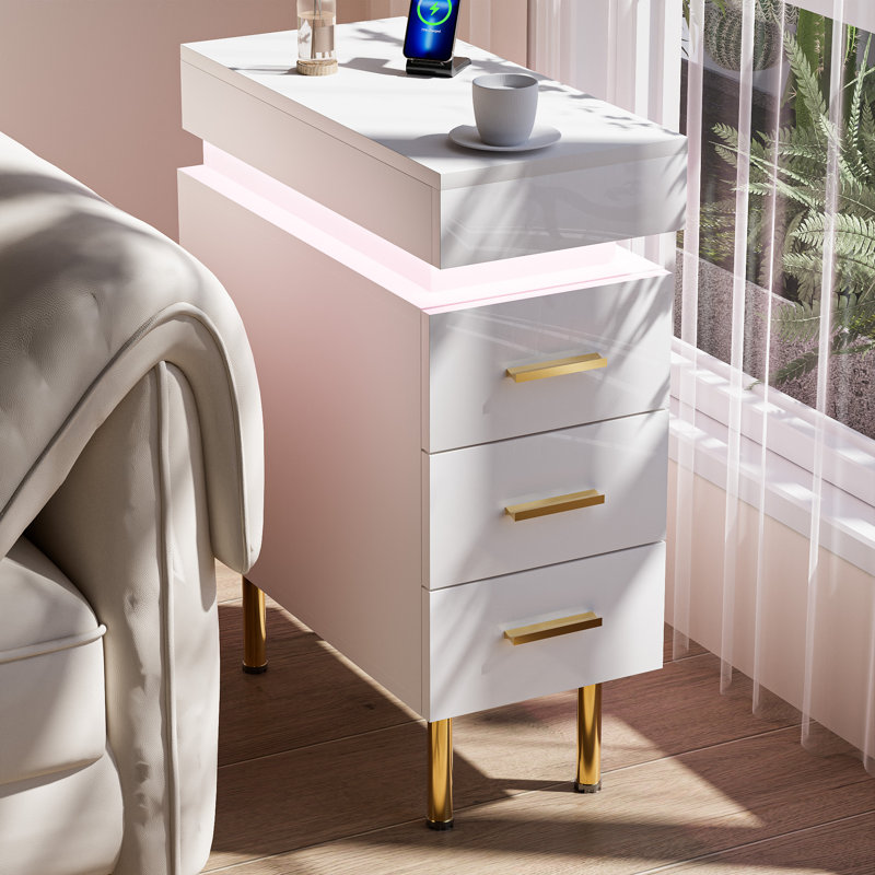 Bedside Table with 3 Drawers, White Bedside Cabinet with Push-Pull Top & RGB LED Light, Wooden Side Cabinet with UK Charging Station 1AC/2USB, Slim Storage Nightstand for Bedroom Living Room, UK Plug