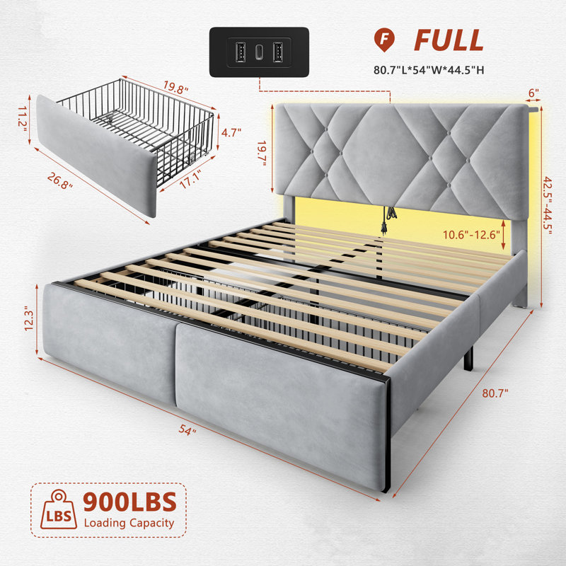 Velvet Upholstered Queen Bed Frame With Adjustable Headboard And Led Light, Platform Bed Frame With 2 Storage Drawers And Charging Station