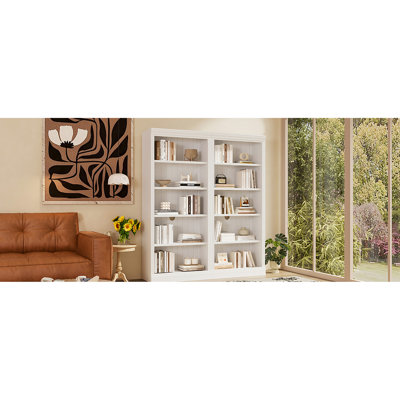 Bibliothèque blanche en bois 5 avec bandes et tablettes réglables, idéale pour les espaces de bureau de vie, éclairage à DEL avec tablettes décoratives beige et jaune, style moderne