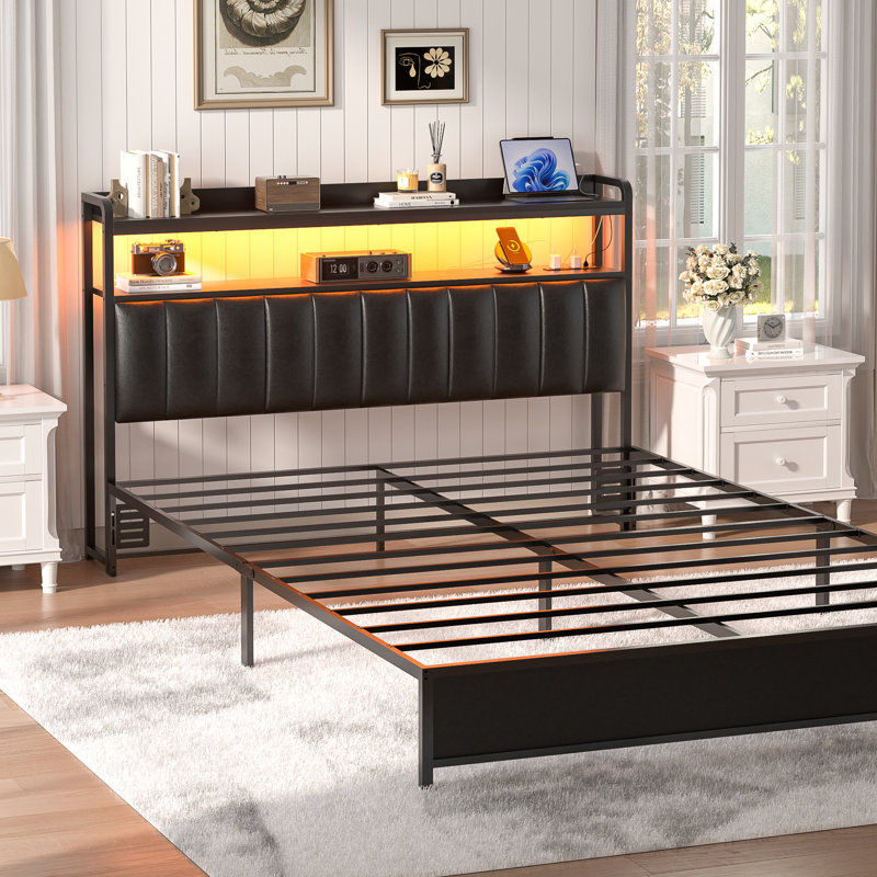 Upholstered Headboard with LED Lights and Charging Station, Full XL