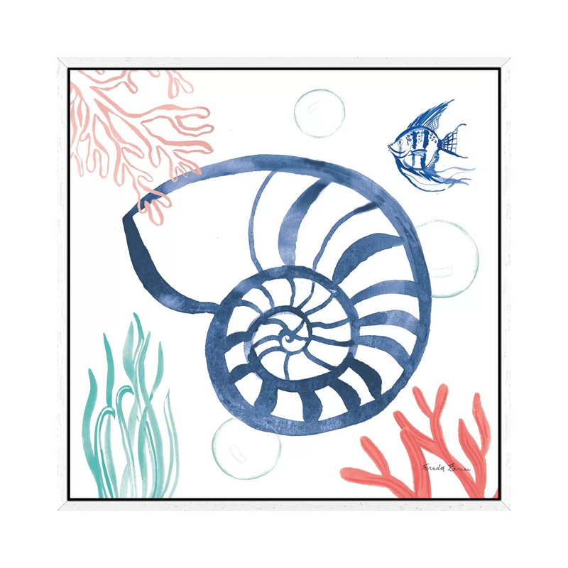 Coastal Jewels I Coral Cove by Farida Zaman - Painting on Canvas, 45.72cm H x 45.72cm W x 3.81cm D, White Framed