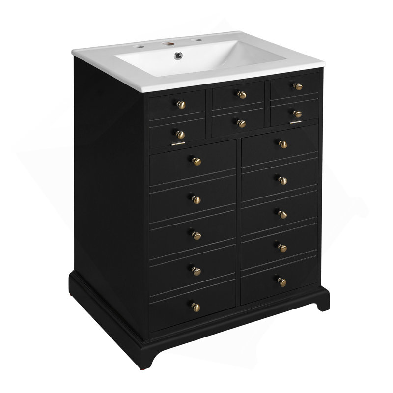 Meuble-lavabo de 24 po avec tiroir et deux portes à fermeture en douceur, armoire de rangement peinte moderne avec lavabo en céramique, meuble-lavabo simple élégant pour les petits espaces