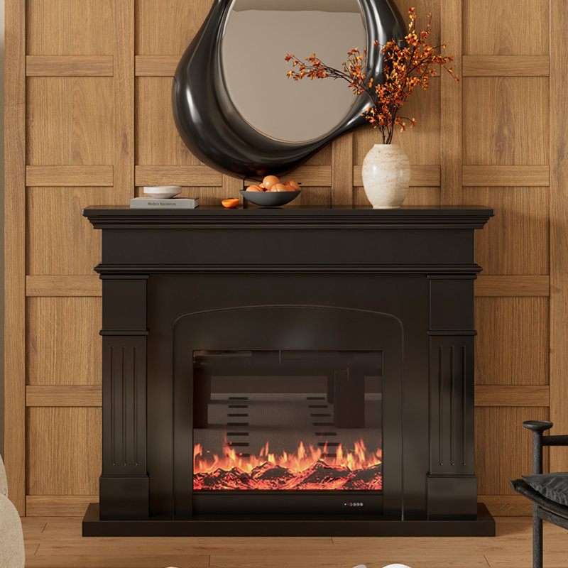 French retro-style simple simulated fire electric fireplace, Black, 43.31"H x 47.24"W x 12.60"D