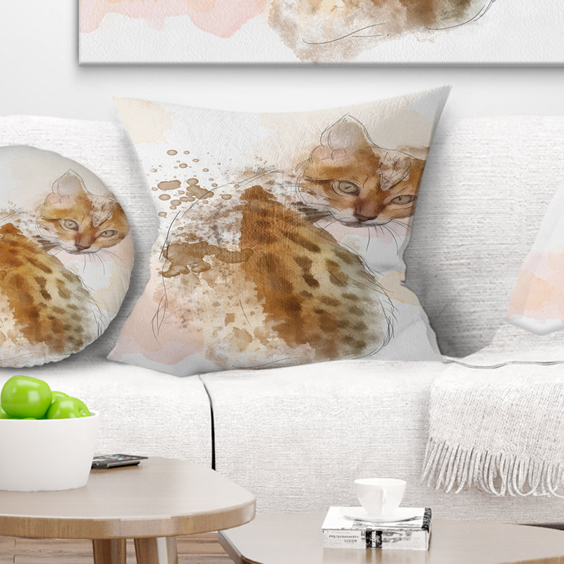 Joli croquis de chat avec des taches brunes - Coussin imprimé animal, 18 po x 18 po, Coussin décoratif