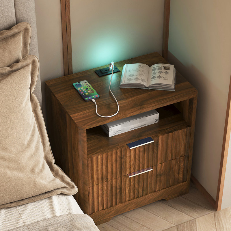 Table de chevet avec éclairage à commande vocale 7 couleurs, table de chevet en bois avec fonction de charge intelligente, armoire de rangement
