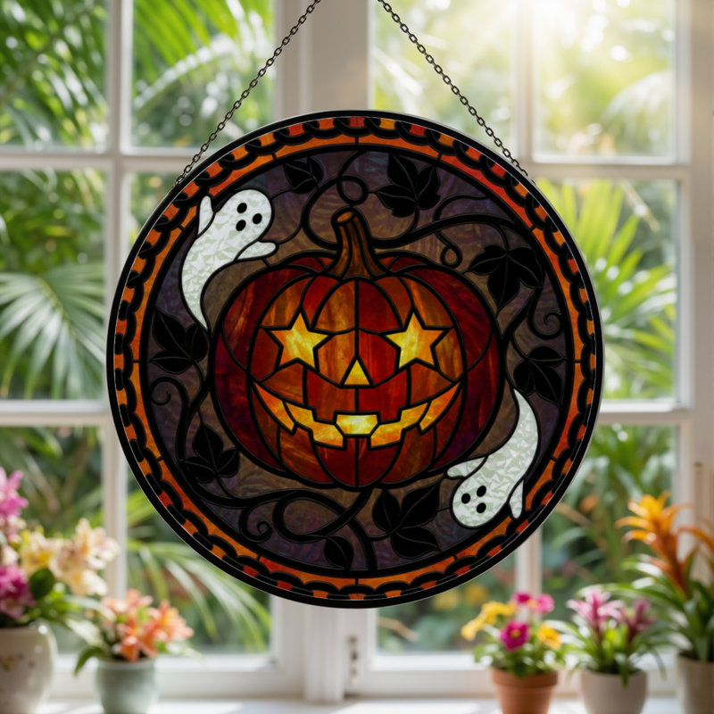 Panneau de vitrail en verre coloré 12 "H Pumpkin
