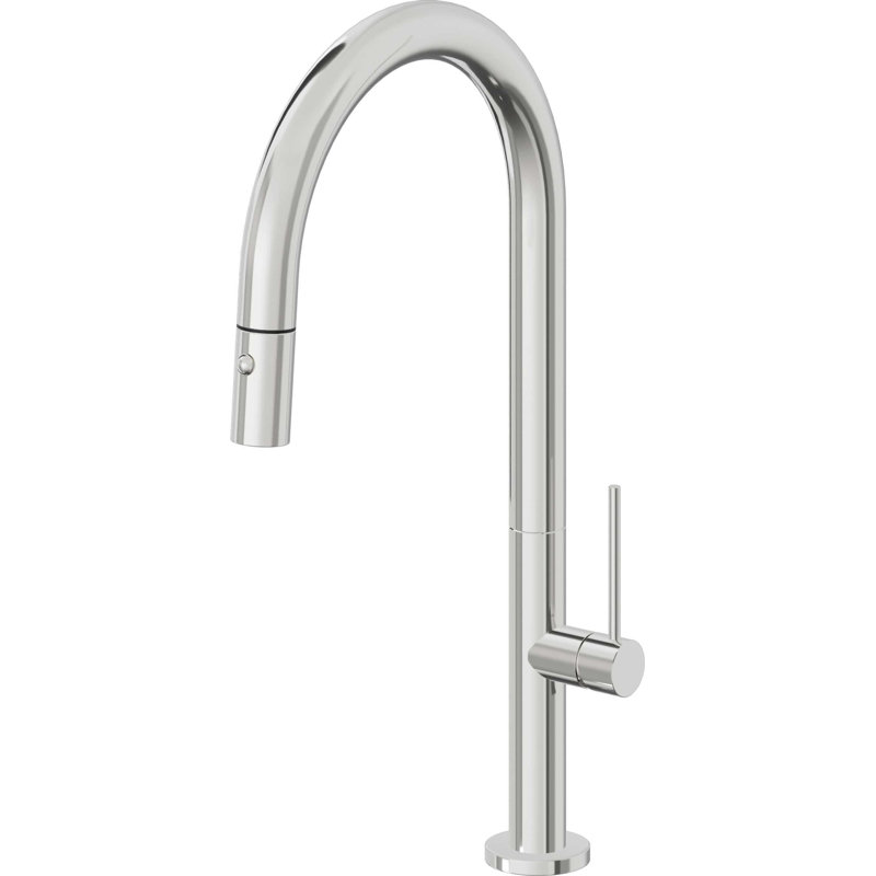 Pull-Down Kitchen Faucet With Button Sprayer - High Arc Spout, Stick, Polished Chrome
