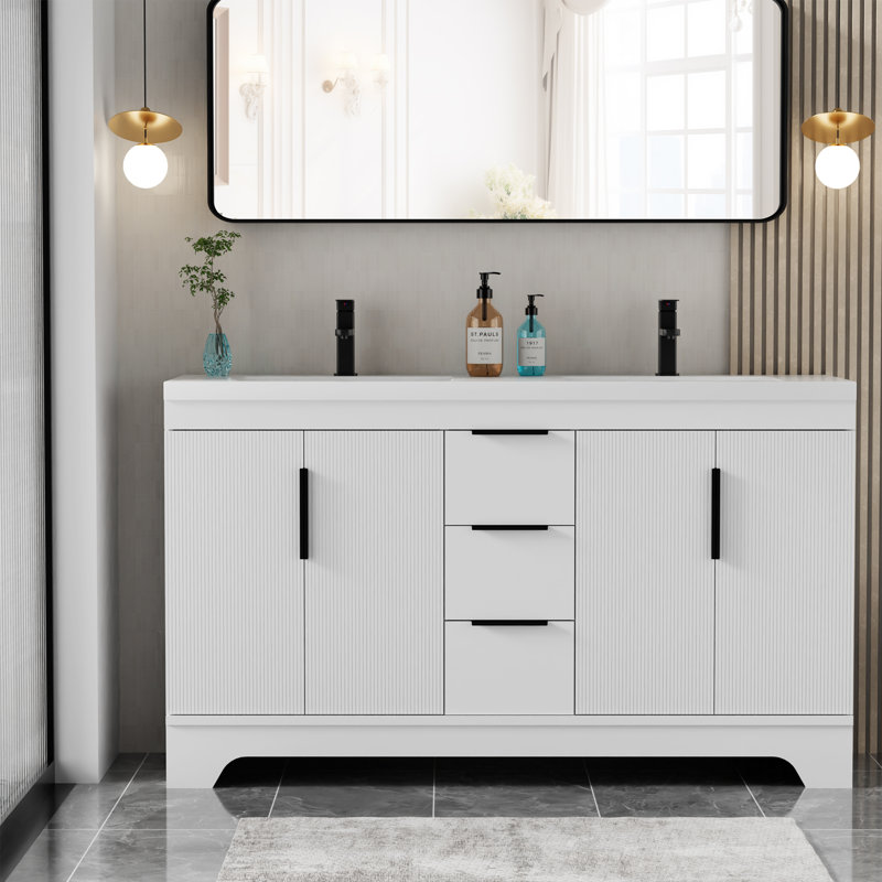 Ensemble de meuble-lavabo à double cuve 60 "avec comptoir en résine Skeen, robinet, assemblage requis, Blanc