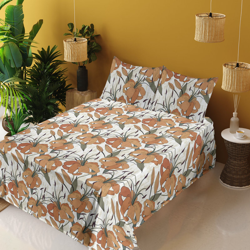 Ambesonne Watercolor Botany Sheet Set 4 Pcs Retro Boho Bloom, Dark Salmon Peacock Green Floral
