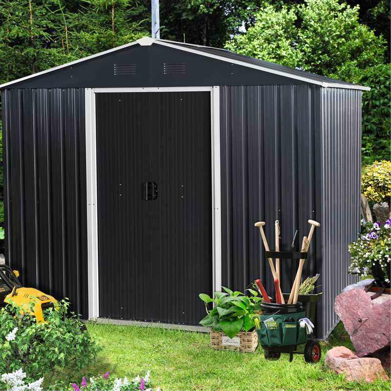 Outdoor 8Ft X 6Ft Metal Shed - Black, Galvanized Iron Frame For Durability, Punched Vents, Sliding Door With Padlock, Easy Assembly Kit In Structure, Ventilated Simple Project