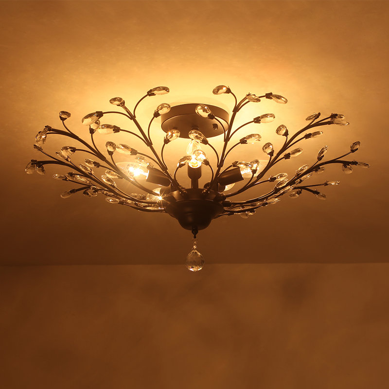 5-Light Crystal Sputnik Leaf Semi Flush Chandelier, Black