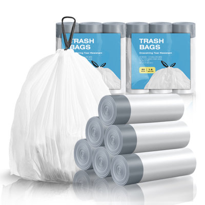 Sacs à ordures à cordon de 120 gallons 1,6 gallon - Petits sacs à ordures pour salle de bain, chambre à coucher, bureau, 6 rouleaux