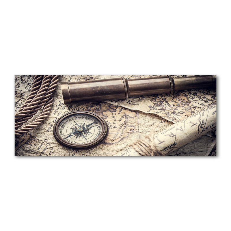 Compass On Magnifier Map - No Frame Print on Glass, Canvas, 50cm H x 125cm W x 2cm D