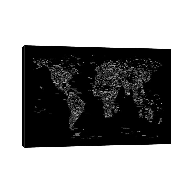 Font World Map (Black) by Michael Tompsett - Wrapped Canvas Print, 152.5 cm H x 101.5 cm W