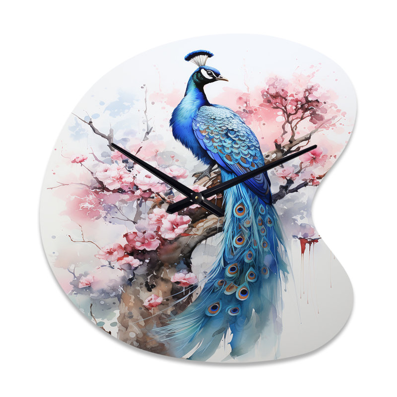 «Blue Peacock Watercolor I» - horloge murale de forme irrégulière en forme de paon, horloge murale asymétrique moderne, Grand