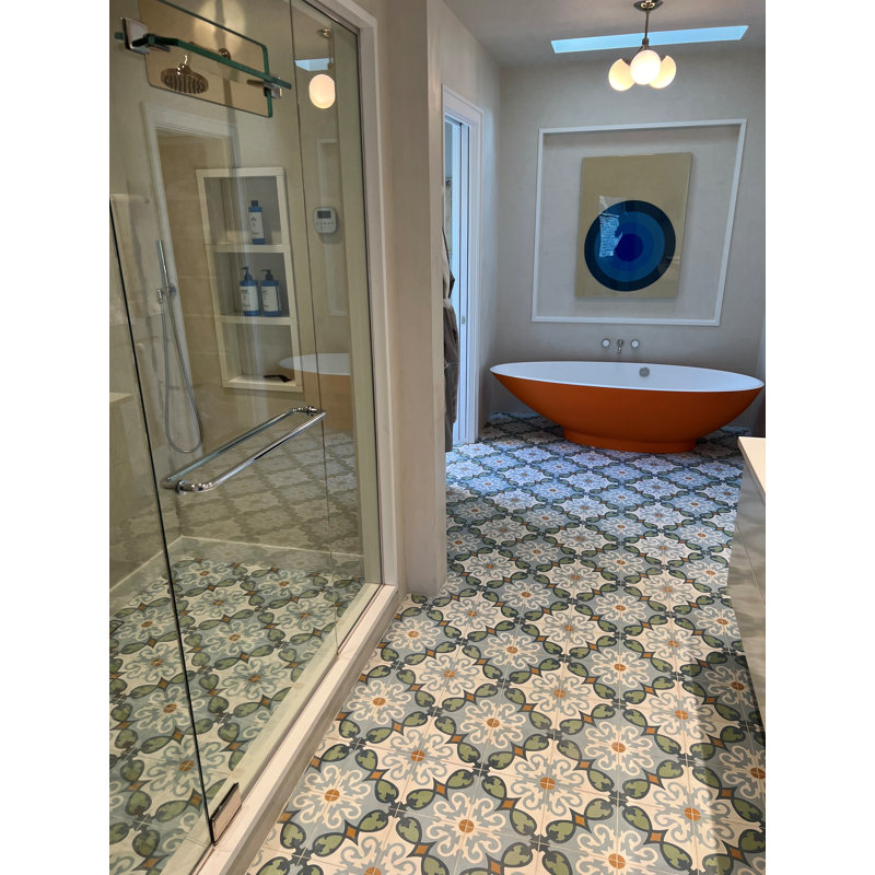 Agadir 8" x 8" Cement Patterned Wall & Floor Tile, Green/Orange/Blue