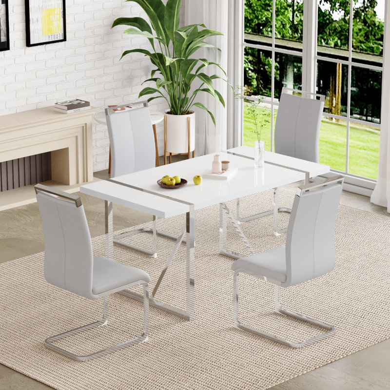 4 - Person Dining Set, Modern Rectangular Dining Table Set with 4 Luxury Faux Leather Dining Chairs, Light Gray/Silver