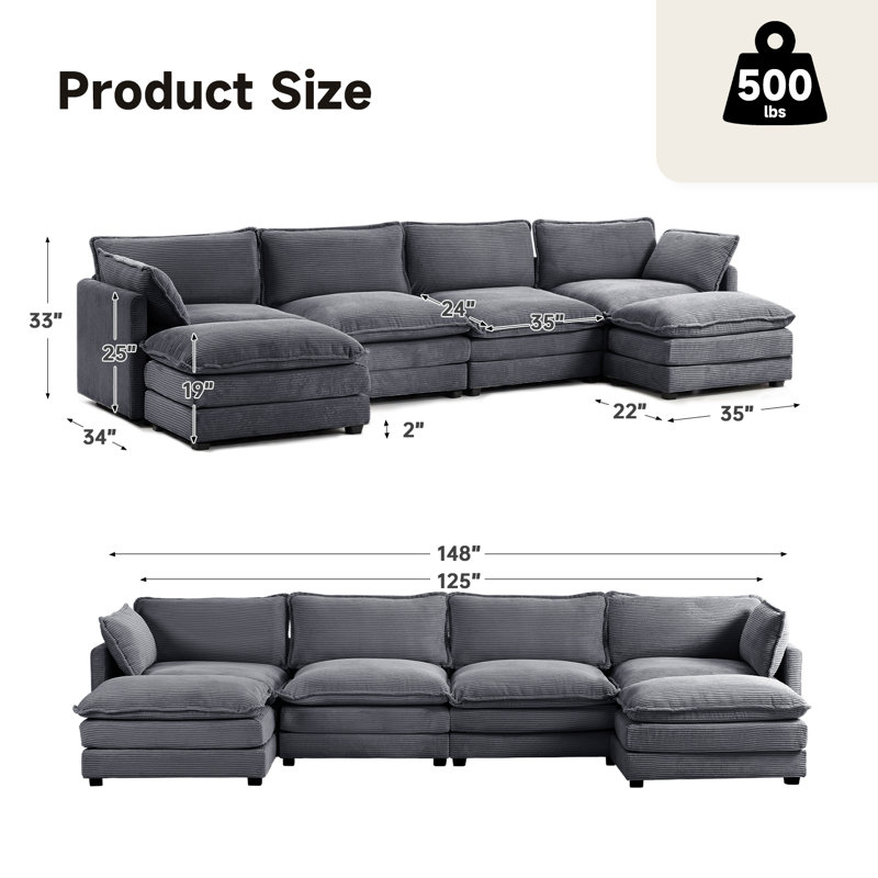 Redenius 6-Piece 148'' Upholstered U-Shape Sectional, Dark Gray Corduroy
