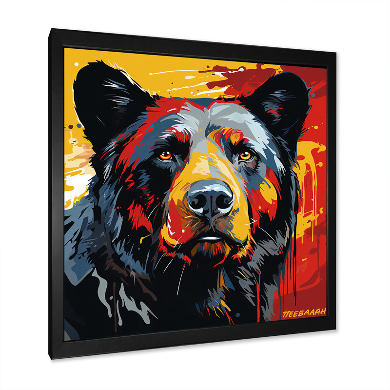 Illustration abstraite d'ours coloré I - Ours 2, art mural, Cadre simple noir, H 30 po x l 30 po x P 1,5 po