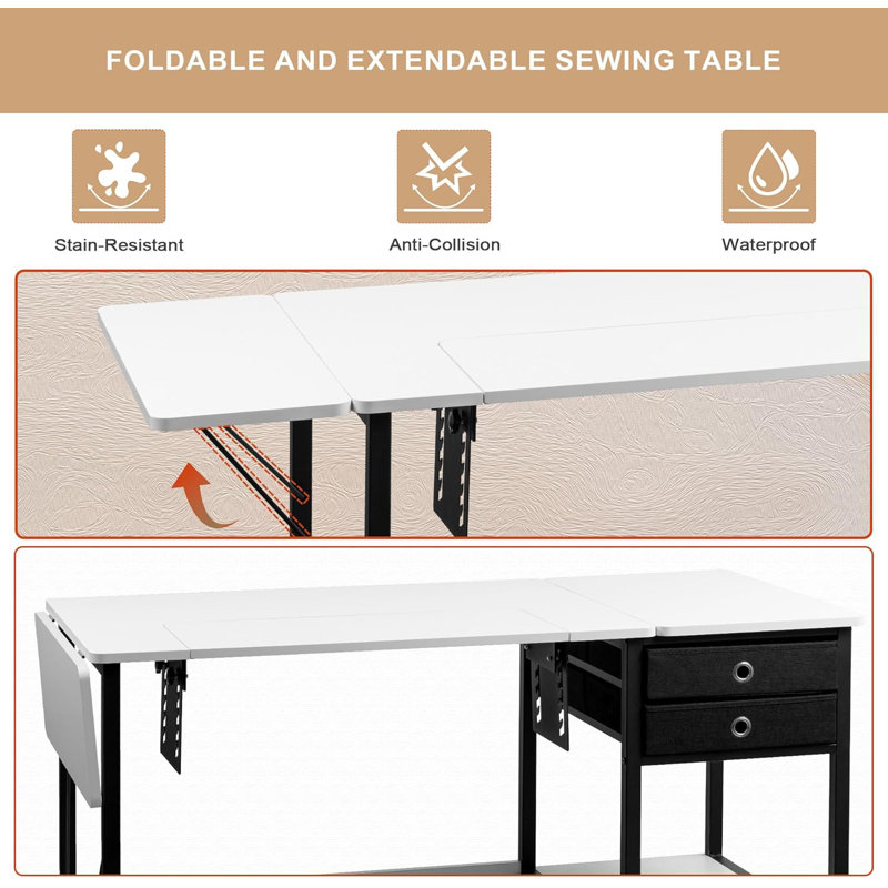 Foldable Sewing Machine Table with Adjustable Platform, Storage Shelf, and 2 Cloth Drawers - White