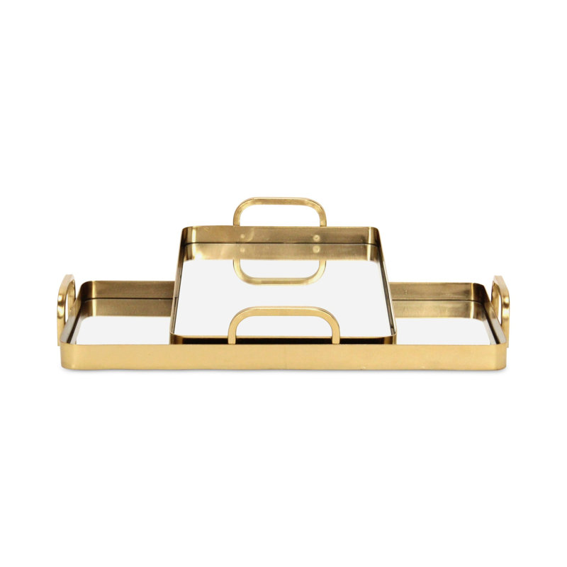 Set of Two Gold And Mirrored Glass Handmade Serving Trays