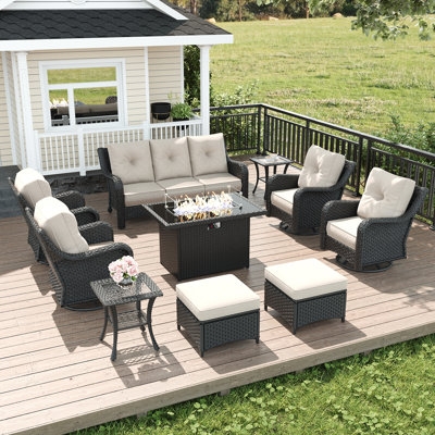  10 Piece Wicker Outdoor Furniture Set with 6-inch Comfy Cushions, High Back Patio Furniture Set with Swivel Rocking Chairs and Fire Pit Table