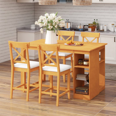 60"Lx30"W Solid Wood Farmhouse Counter Height Dining Table Set with 3-Tier Storage Shelves, Upholstered Dining Chairs for 4, 5-Piece