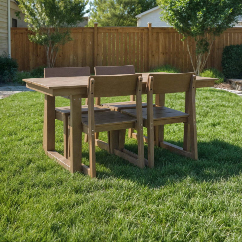 Ensemble de salle à manger d'extérieur en PEHD - table de patio toutes saisons avec trou pour parasol et 4 chaises sans accoudoirs pour la cour / le bord de la piscine