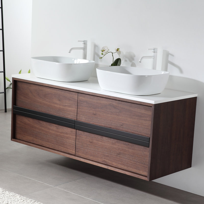 Meuble-lavabo en contreplaqué de bois naturel 55 po avec plateau en quartz d'ingénierie Sintra, Noyer foncé