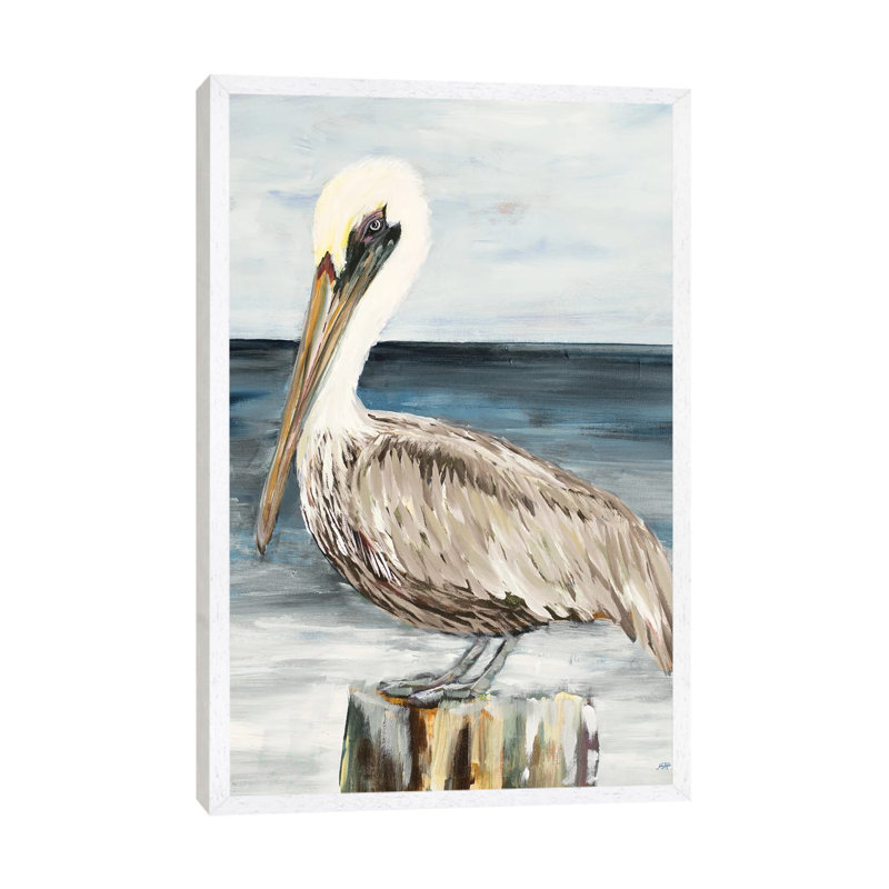Muted Perched Pelican by Julie Derice - Painting on Canvas, White Framed, 101.6cm H x 66.04cm W x 3.81cm D