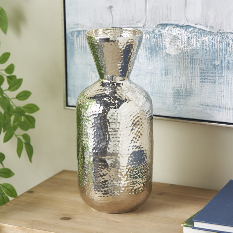 Lynnix Aluminum Metal Hammered Decorative Silver Vase with Cone Shaped Opening, 14.3" H x 6" W x 6.1" D