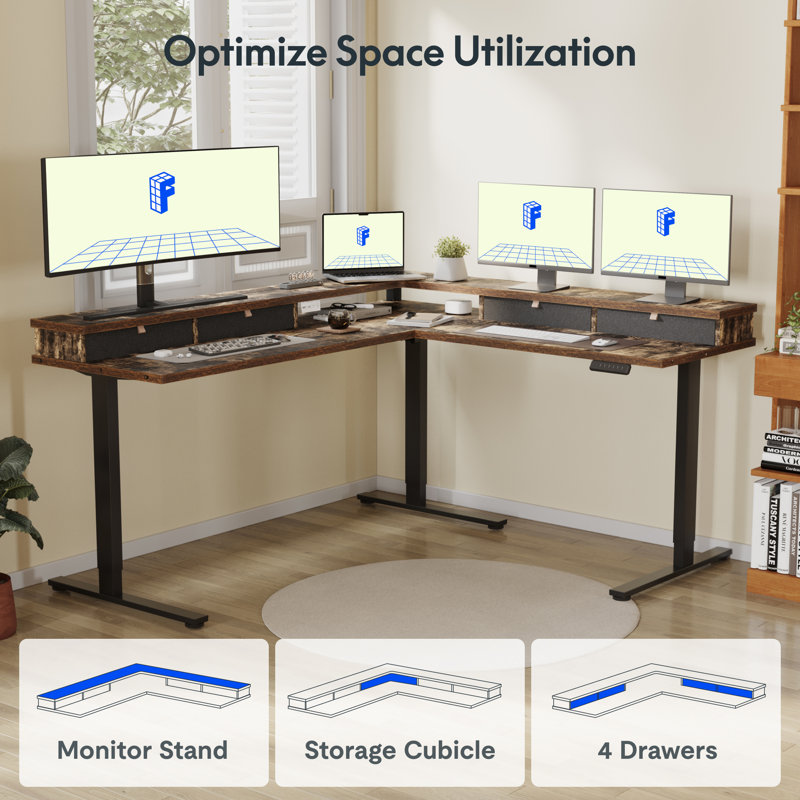 L Shaped Standing Desk With Drawers, Shelf, Adjustable Gaming Table For Home, Office, Gamer, Rustic Brown/Black