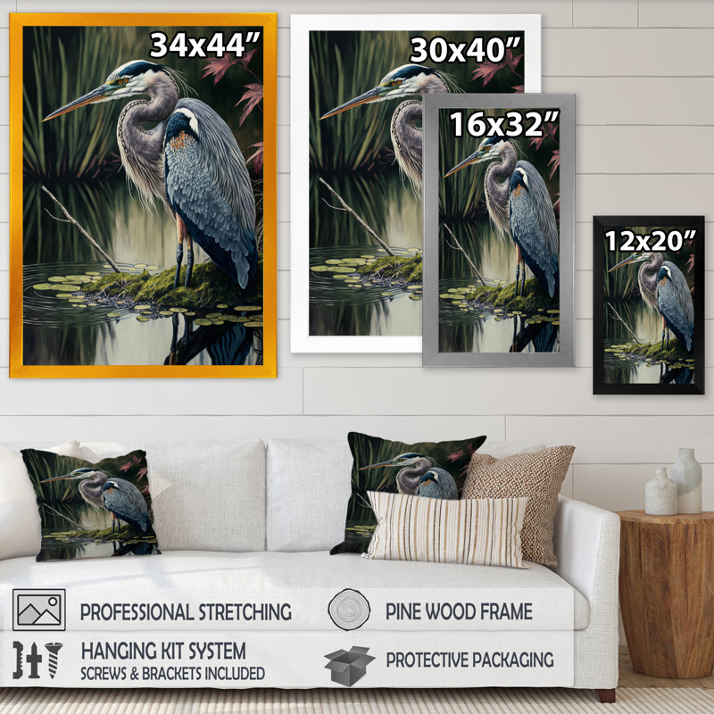 Héron au bord de la rivière - reproduction sur toile, H 40 po x l 30 po x P 1,5 po, Impression dorée sur toile encadrée