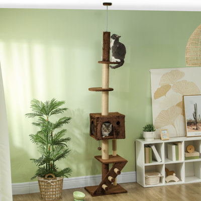 Tour pour arbre à chat du sol au plafond, hauteur réglable 89 po à 104 po avec maisonnette pour chat, poteaux à griffer, perchoirs, 3 marches, boule de suspension et ensemble anti-basculement, tour d'arbre à chat pour grand chat adulte, brun