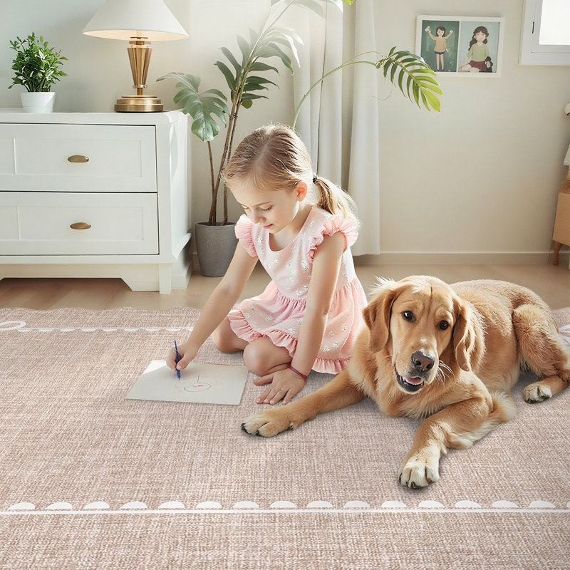 Scalloped Bow Washable Rug for Nursery Bedroom and Hallway, Tan, Runner 2'6" x 8'