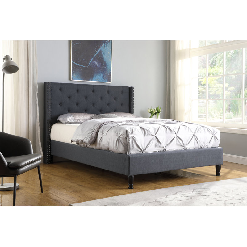 Lit plateforme bas capitonné Acklin, Bleu, Très grand