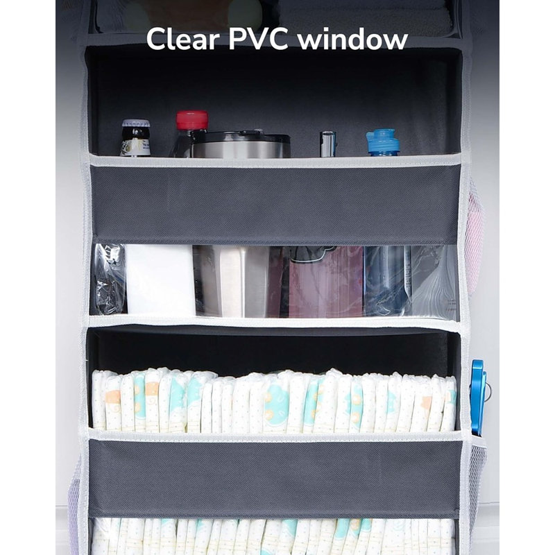 Rangement au-dessus de la porte avec 5 grandes poches et 10 poches latérales en filet - rangement suspendu avec fenêtre transparente, 5 couches, gris foncé