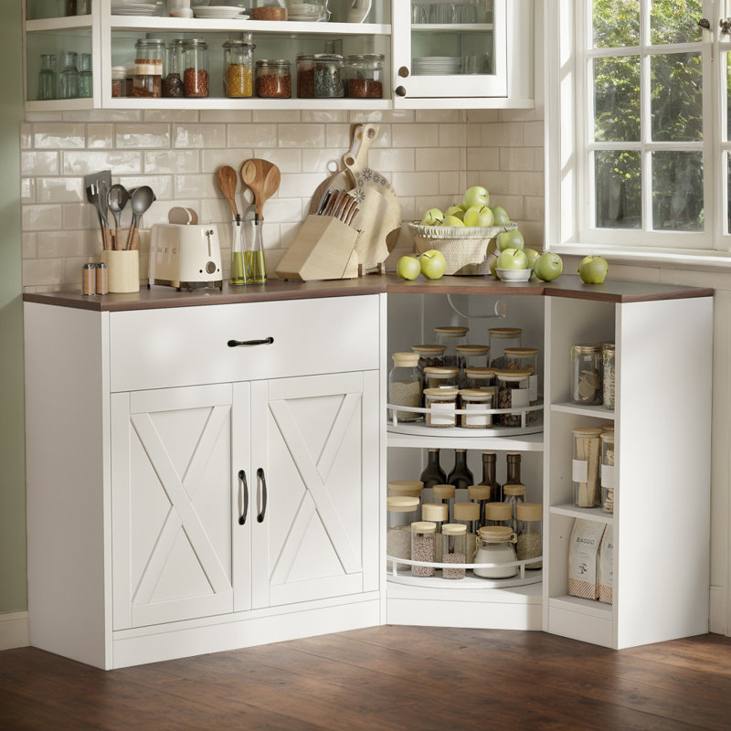 Corner Cabinet With Charging Station, Kitchen Pantry Cabinet With 2 Tier Lazy Susan Turntable, Farmhouse Corner Storage Cabinet With Adjustable Shelf, L-Shaped Food Pantry Buffet Sideboard (White)