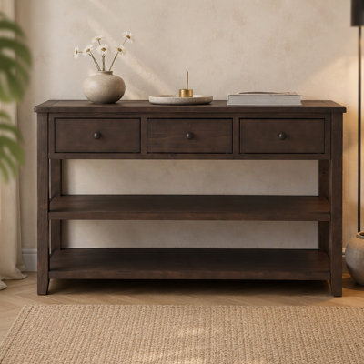 Retro Design Console Table with Two Open Shelves, Pine Solid Wood Frame and Legs for Living Room