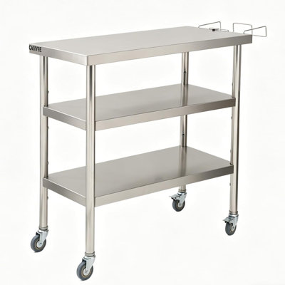 Stainless Steel Work Table - Heavy Duty Commercial Prep Table with Double Layer Storage & Garbage Shelf - 0.7mm Thick Mobile Table, 36×24×35Inch - W/ Casters + Trash Rack-0.7mm
