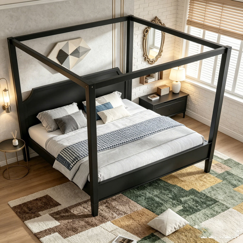 Lit plateforme à baldaquin en bois avec tête de lit, Grand lit, Noir